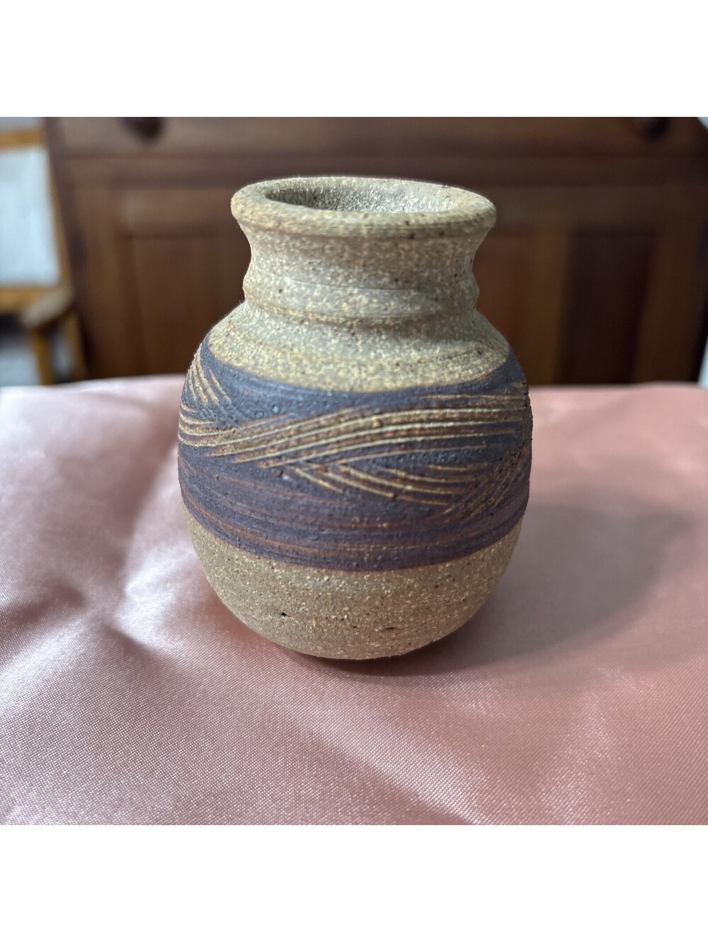 Handmade Studio Art Pottery Vase Vessel Sand Texture Etched Design Artist Signed